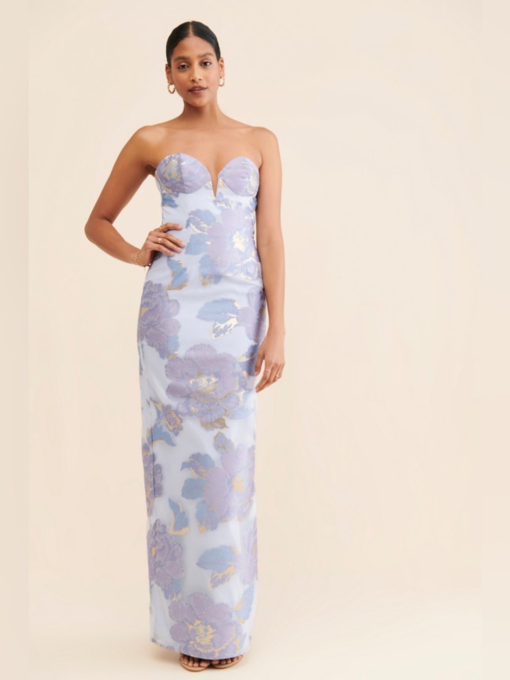 Katie May Ursula Strapless Gown Strapless Lilac Floral Satin Maxi Dress